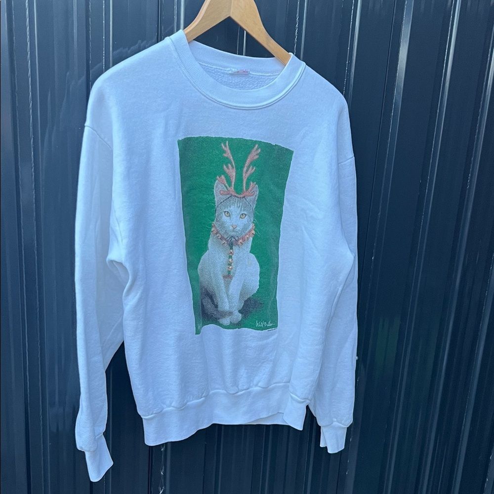 Vintage 90s Will Bullas White Christmas Cat Antlers Graphic Sweatshirt Pullover - Picture 11 of 13